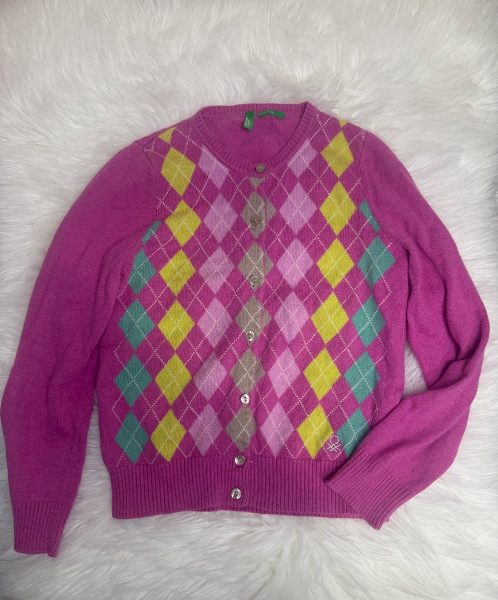 United Colors of Benetton Button Up Argyle Cardigan Sweater Wool Prep Girl S 6-7